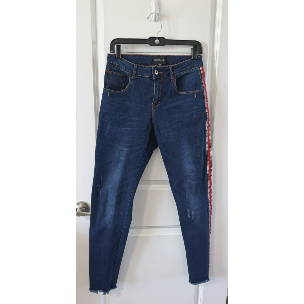 Frank Lyman Jeans Womens Large 29" waist Dark Wash Race Stripe Raw Hem stitching